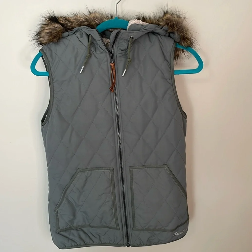 EDDIE BAUER Women’s Small Hooded Fleece Lined Vest Olive Green Faux Fur Gorpcore